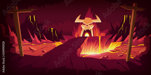 Hell landscape, cartoon vector illustration. Infernal stone cave and bridge, road to hell with heat rock and volcanoes, flowing molten lava or liquid fire and horned skull, fiery game background