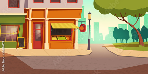Local vegetable and fruit small shop building in urban landscape, cartoon vector background. Grocery store, farmer kiosk with open window showcase, shelves with products, road, sidewalk and green tree