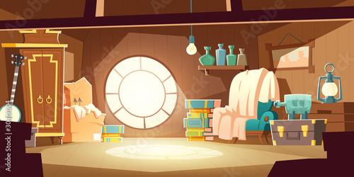 House attic with old furniture, cartoon vector background. Attic interior in wooden house with round window under roof, day sunlight on floor and retro furniture with wardrobe, chair, storage boxes
