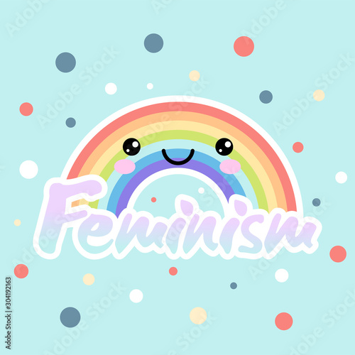 Feminist LGBT symbolisc. Feminism happy rainbow sticker. Cute kawaii rainbow. Rainbow with inscription "Feminism". Vector illustration. Feminist logo