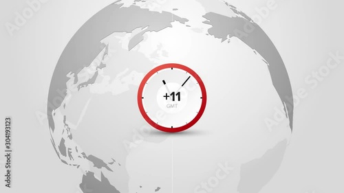 clock shows current time on rotating globe, time zones on planet earth based on location, infinite loop animation
