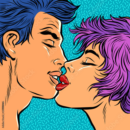 man and woman couple kiss