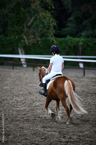 A young girl rides a brown horse in a training paddock