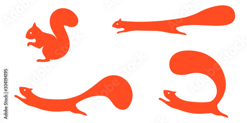 Set of squirrels in different poses. Sits, runs, jumps. Vector illustration.