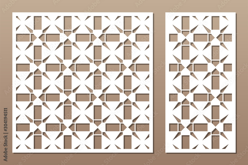 Set decorative card for cutting. Linear square geometric mosaic pattern. Laser cut. Ratio 1:1, 1:2. Vector illustration.