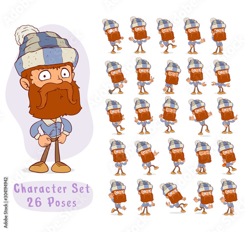 Cartoon redhead bearded strong lumberjack character in different positions. Layered vector for animations. Isolated on white background. Big icon set.