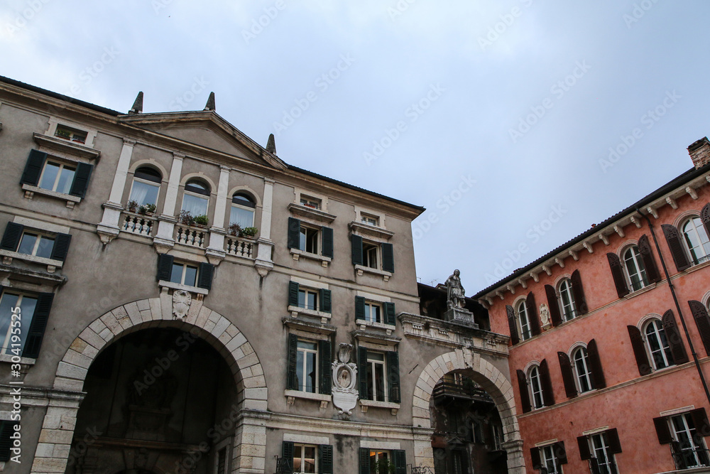 The picture from the center of the ancient city of Verona in Italy. The old historic houses. 