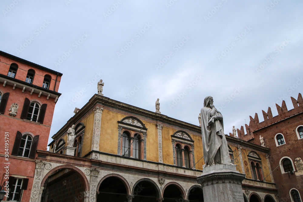 The detail of one of the sights in Verona, in Italy. The statue of Dante.