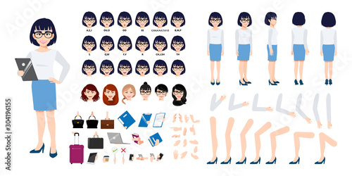 Chinese Businesswoman cartoon character creation set with various views, hairstyles, face emotions, lip sync and poses. Parts of body template for design work and animation.