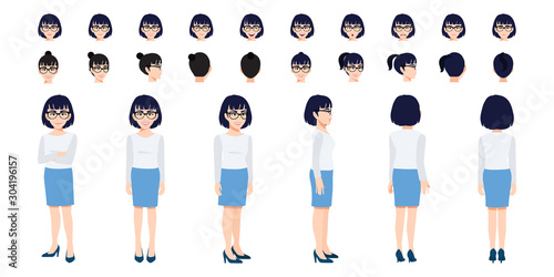 Chinese Businesswoman cartoon character head set and animation design. Front, side, back, 3-4 view animated character. Flat vector illustration.