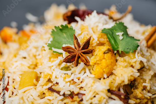 Biryani rice (Vegetable biryani). Indian basmati rice, curry vegetables and spices. Indian kitchen