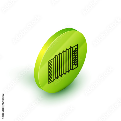 Isometric line Musical instrument accordion icon isolated on white background. Classical bayan, harmonic. Green circle button. Vector Illustration