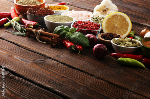 Spices and herbs on table. Food and cuisine ingredients for good cooking