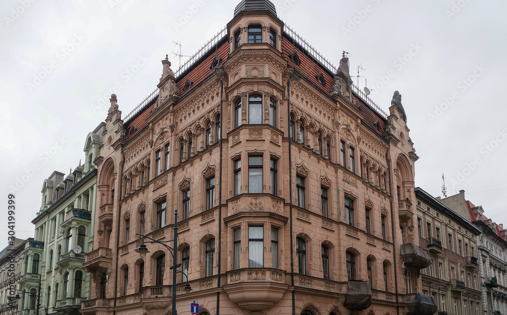Historic residential building of the main street of Lodz, Poland