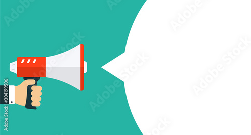Megaphone in hand - banner. Loudspeaker. Vector