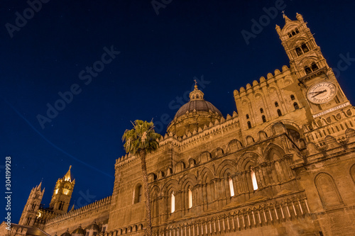 Beautiful night view of the historical cathedral of Palermo in golden light