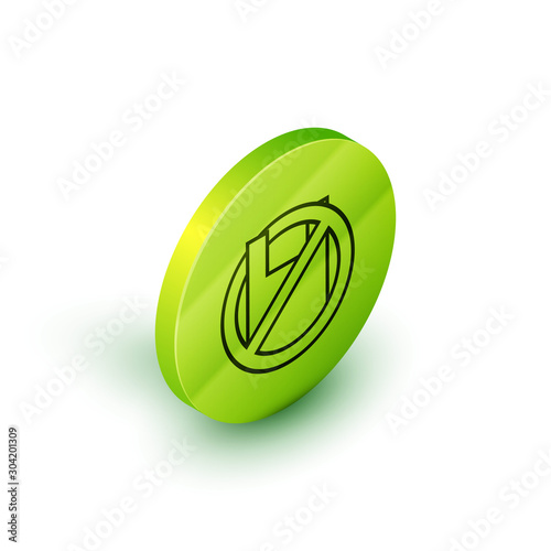 Isometric line Say no to plastic bags poster icon isolated on white background. Disposable cellophane and polythene package prohibition sign. Green circle button. Vector Illustration