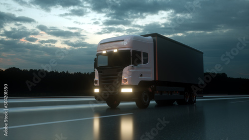 Delivery truck on asphalt road highway at sunset - transportation background. 3d rendering