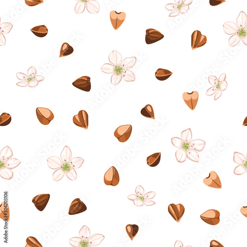 Brown dried buckwheat grains and flowers seamless pattern on white background. Vector illustration of healthy gluten-free cereals in cartoon simple flat style.
