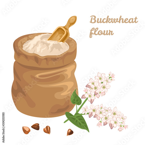Buckwheat flour in a canvas bag with a measuring scoop and branch of a flowering plant isolated on white background. Gluten free food vector illustration in cartoon simple flat style.