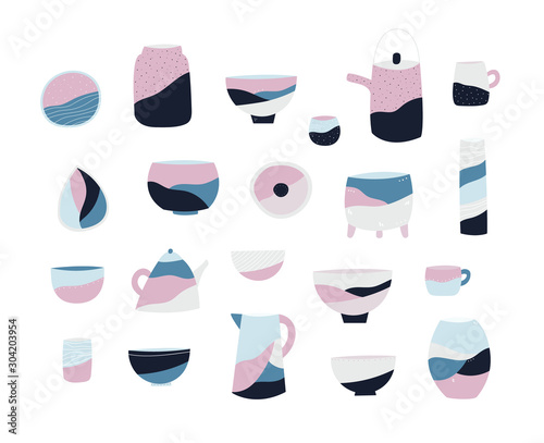 Vector illustration. Set of modern decorative ceramic crockery.