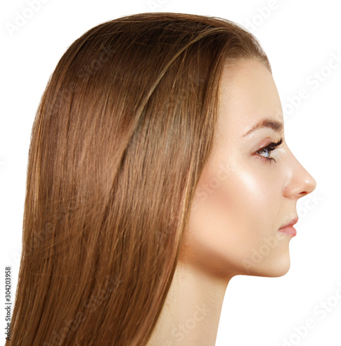 Side view on beautiful girl with perfect makeup and skin.
