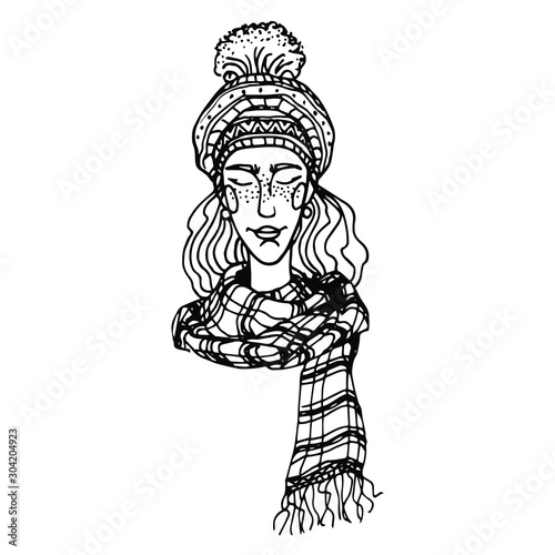 head of cute modest girl in national Scandinavian hat with geometric pattern and plaid scarf, vector illustration with black contour lines isolated on white background in hand drawn style
