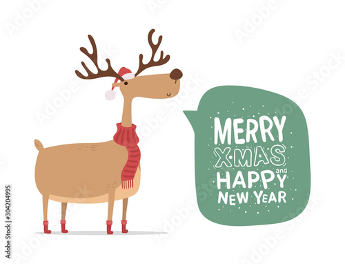 Vector cute reindeer with greetings. Merry Christmas and Happy New Year