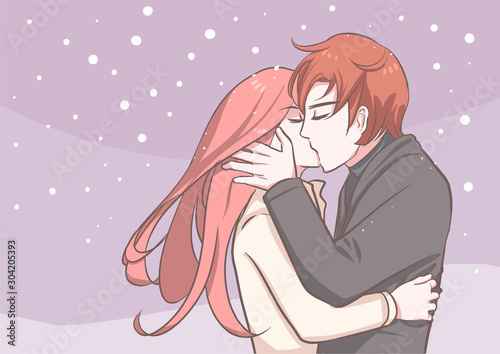 Couple in love kissing woman romantic sensual sweet pastel snow fall  vector illustration in concepts cute kawaii anime manga style relationship and christmas and valentine in love