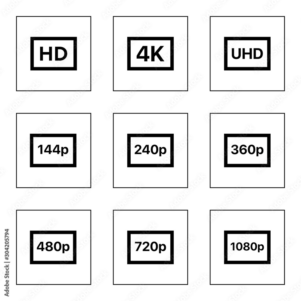 Set Of 9 Simple Editable Icons Such As HD 4K UHD 144p 240p 360p set-of-9-simple-editable-icons-such-as-hd-4k-uhd-144p-240p-360p