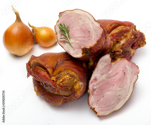 Photos still life, boiled shank of pork, on white background