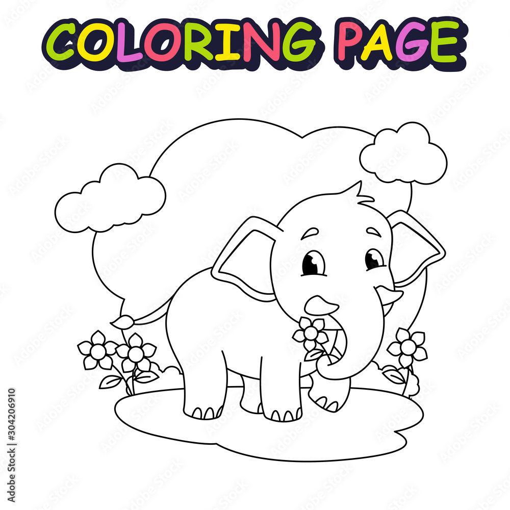 Cute Elephant holding flower, vector cartoon for kids coloring book and ...