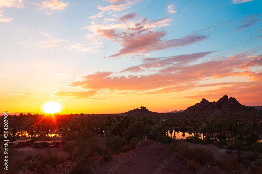 beautiful, vibrant, colorful sunset sky at papago park, one of the most scenic places in Phoenix to be. End of the day scenery. 