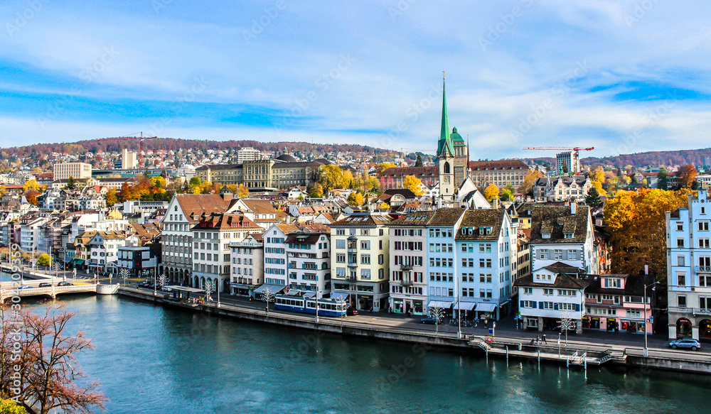Embankment of Limmat river in Zurich, Switzerland.