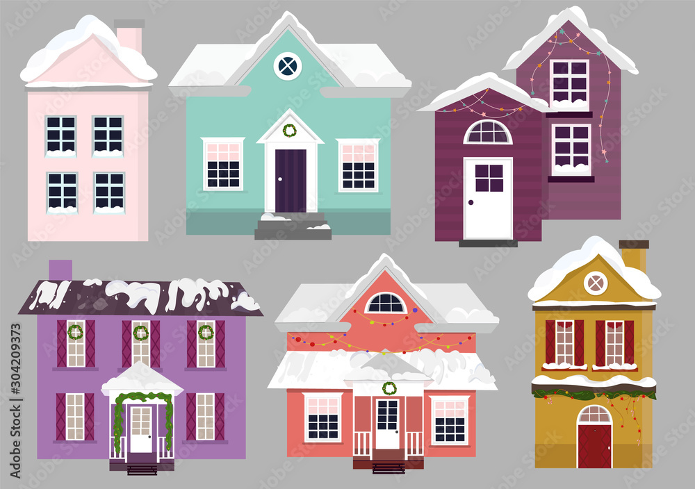 Set of Cute Vector Holiday colorfull houses, vector buildings with Snow