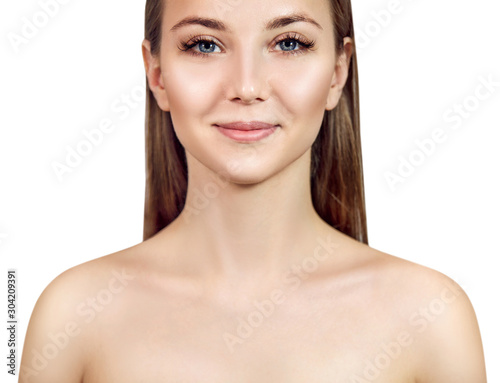 Front view on beautiful girl with perfect makeup.