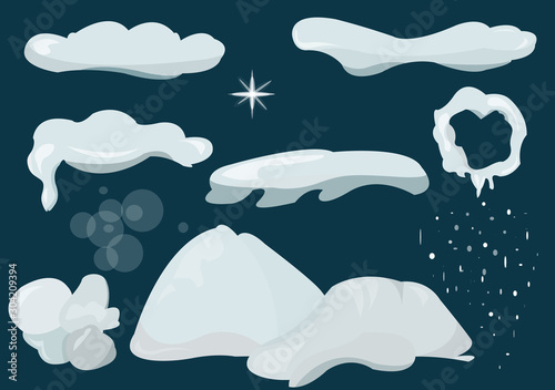 Snow caps, snowballs and snowdrifts set. Winter decoration element. Vector