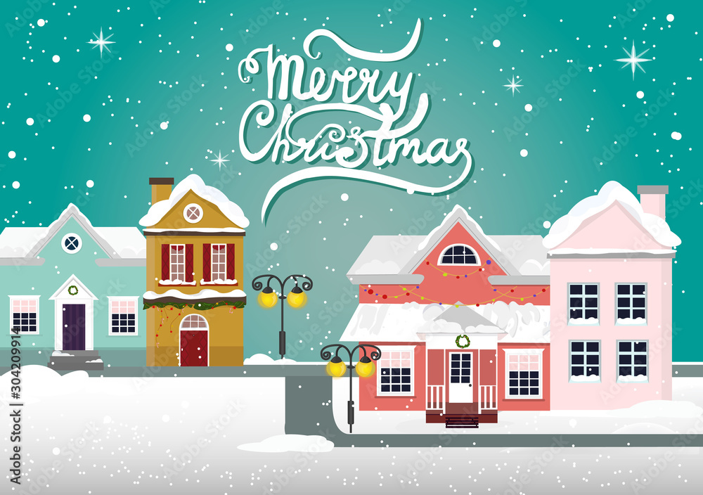 Merry Christmas and happy new year, town in winter. Illustrations with urban winter house and city landscape.Vector