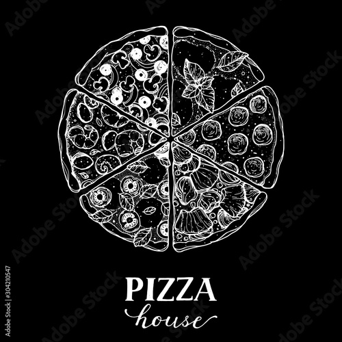 Italian pizza vector illustration. Hand drawn sketch pizza. Italian food. Package design. Pizza slices in a circle. Can used for packaging design.