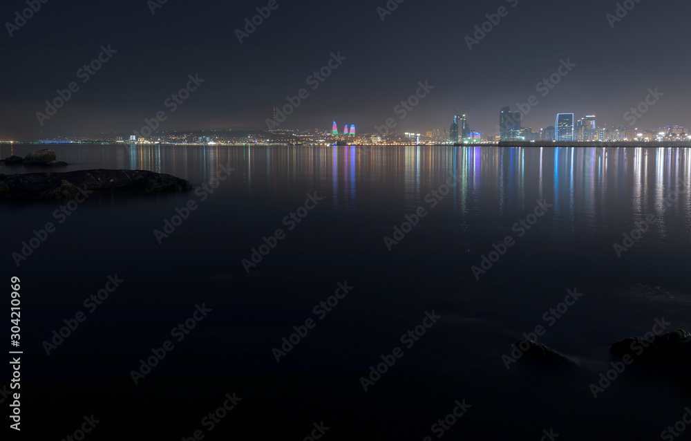 Panorama of the seaside boulevard in Baku at night