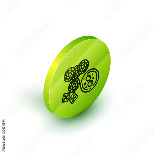 Isometric line Casino chips, game dice and glass of whiskey with ice cubes icon isolated on white background. Casino poker. Green circle button. Vector Illustration