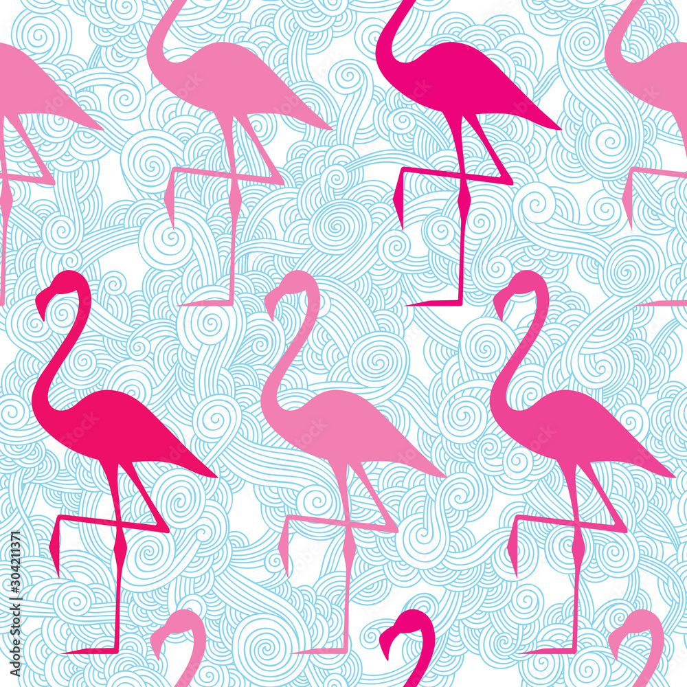 Obraz premium A pattern of pink flamingos on a blue background of circles.