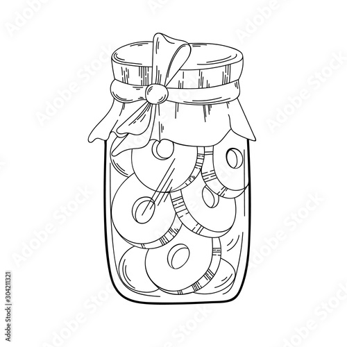 Vector drawing of jars with pastries. Isolated drawing on a white background. The image can be used for websites, web design, postcards, ladders, wallpapers, prints, print on fabric, shop windows, caf