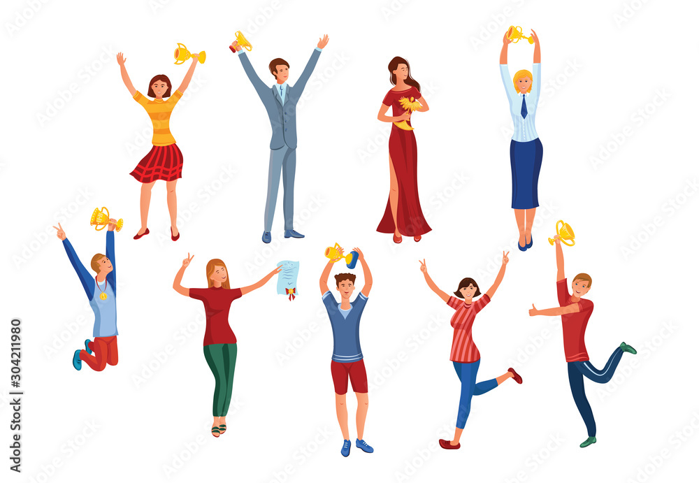 Set of women and men happy with victory vector illustration