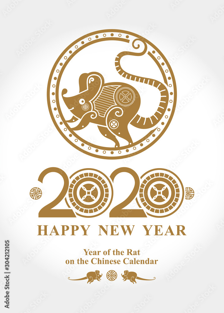 Naklejka premium Happy Chinese new year 2020, the year of the Rat. Vector card with decorative golden Rat in a circle.