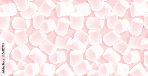 Marshmallow seamless pattern. Tasty marshmallows on pink background. Candy texture.