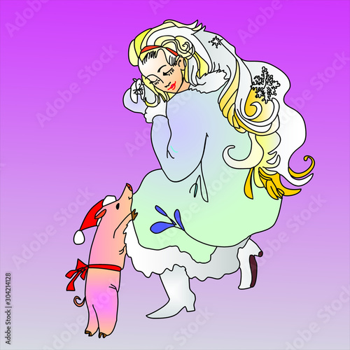 Snow Maiden plays with a mouse and a piglet.
