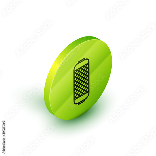 Isometric line Stereo speaker icon isolated on white background. Sound system speakers. Music icon. Musical column speaker bass equipment. Green circle button. Vector Illustration