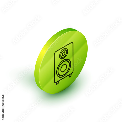 Isometric line Stereo speaker icon isolated on white background. Sound system speakers. Music icon. Musical column speaker bass equipment. Green circle button. Vector Illustration