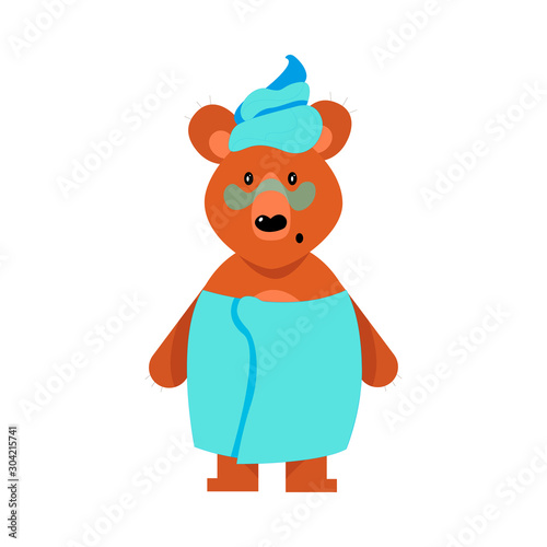 A humanized cute bear girl stands in blue towels. Vector illustration isolated on white background